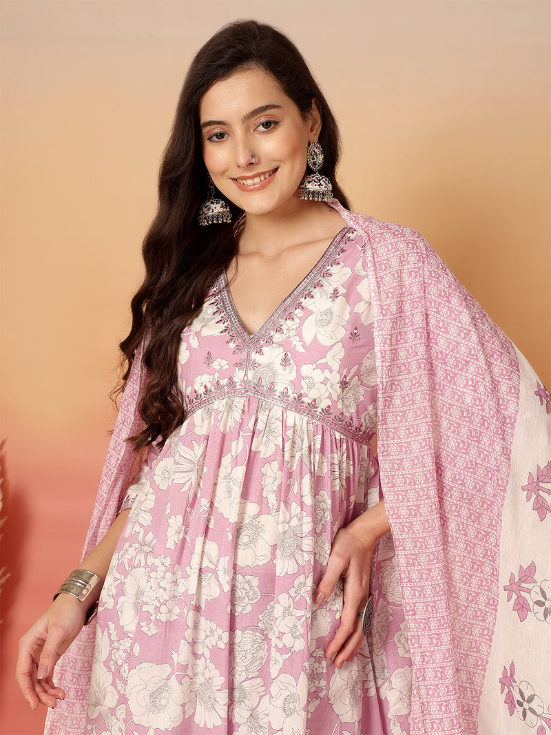 ANAISA Women Cotton Light Pink Floral Printed V-neck,Calf Length  Anarkali Kurta with Pant & Dupatta