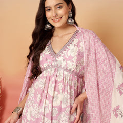 ANAISA Women Cotton Light Pink Floral Printed V-neck,Calf Length  Anarkali Kurta with Pant & Dupatta