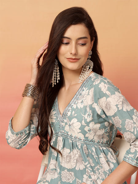 ANAISA Women Cotton Light Blue Floral Printed V-neck,Calf Length  Anarkali Kurta with Pant