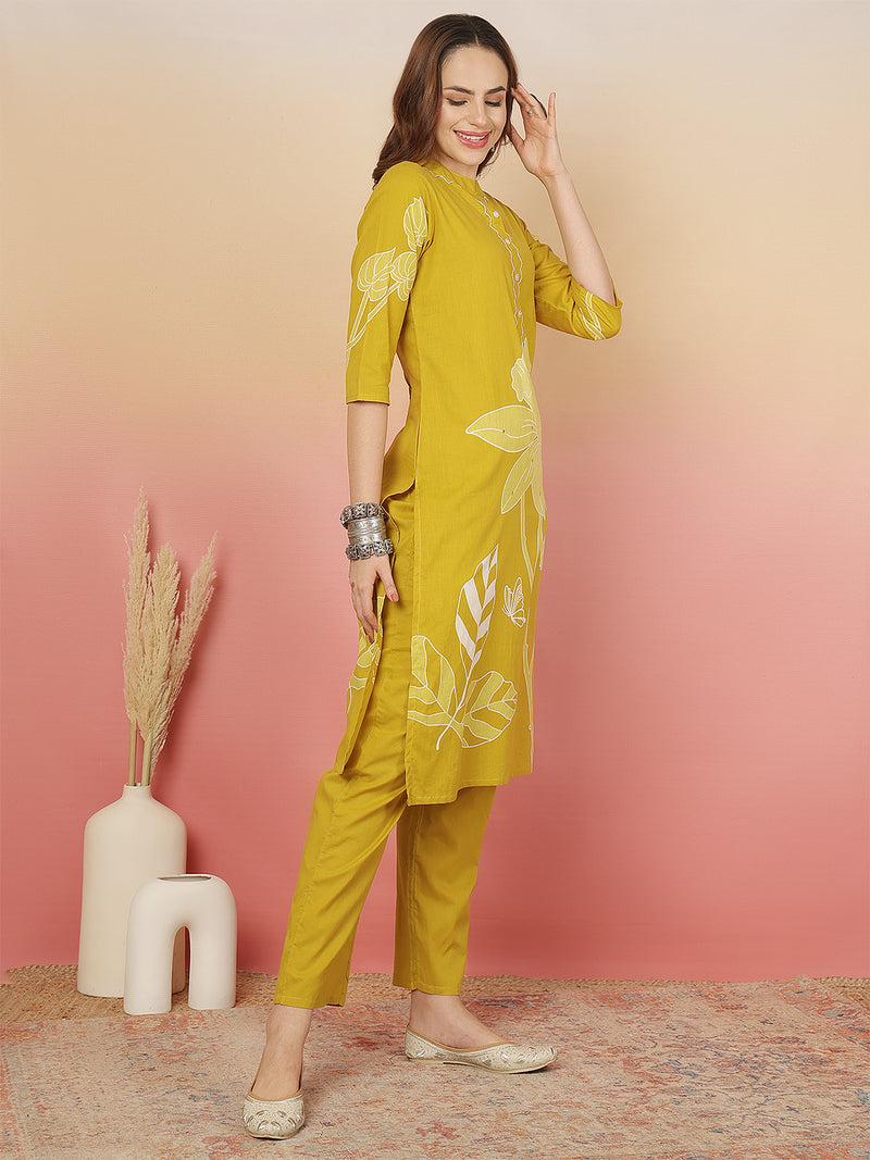 ANAISA Women Cotton Placement Print Straight Kurta with Trouser & Dupatta