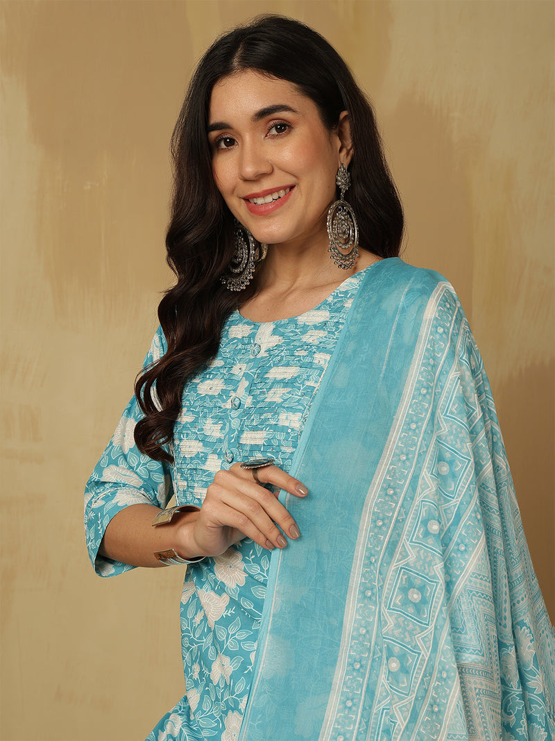Women Sky blue Cotton Floral Printed Kurta With Trouser & Dupatta
