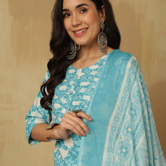 Women Sky blue Cotton Floral Printed Kurta With Trouser & Dupatta