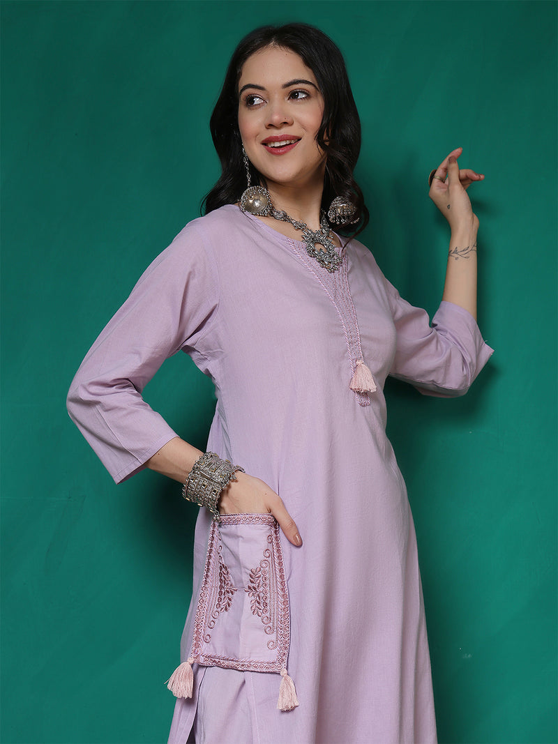 Women Lavender Cotton Flex Pocket Embroidery Kurta with Trouser Set