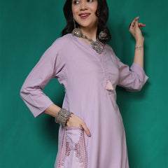 Women Lavender Cotton Flex Pocket Embroidery Kurta with Trouser Set