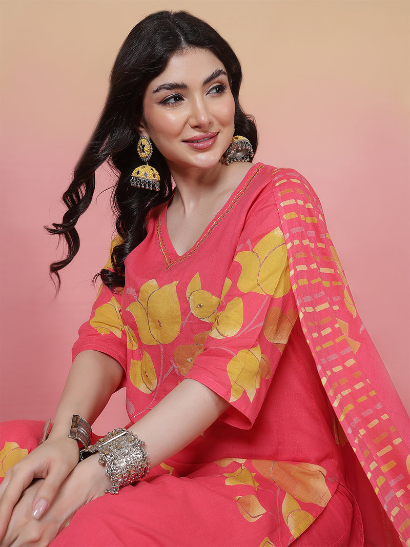 Women Coral Cotton Placement Printed Hand Work Kurta with Trouser & Dupatta