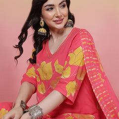 Women Coral Cotton Placement Printed Hand Work Kurta with Trouser & Dupatta