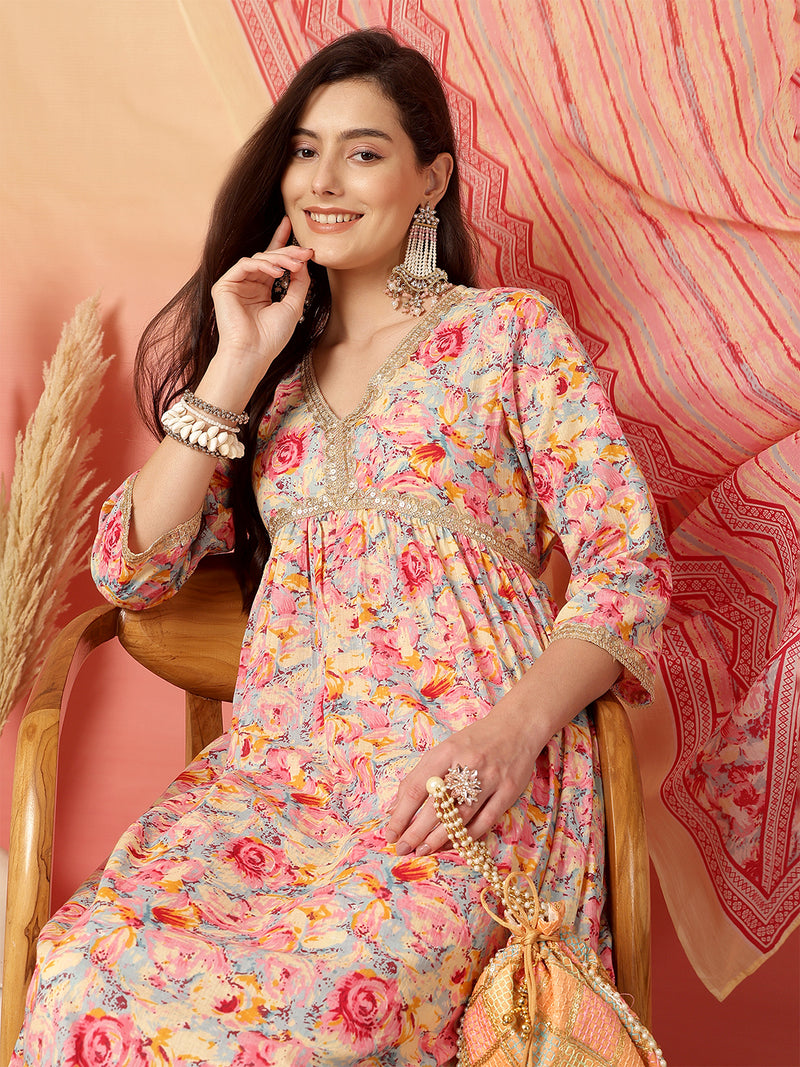 ANAISA Women Cotton Pink Color Printed Lace Work V-neck Anarkali Kurta with Pant & Dupatta