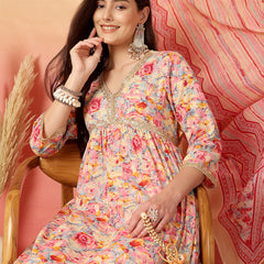 ANAISA Women Cotton Pink Color Printed Lace Work V-neck Anarkali Kurta with Pant & Dupatta