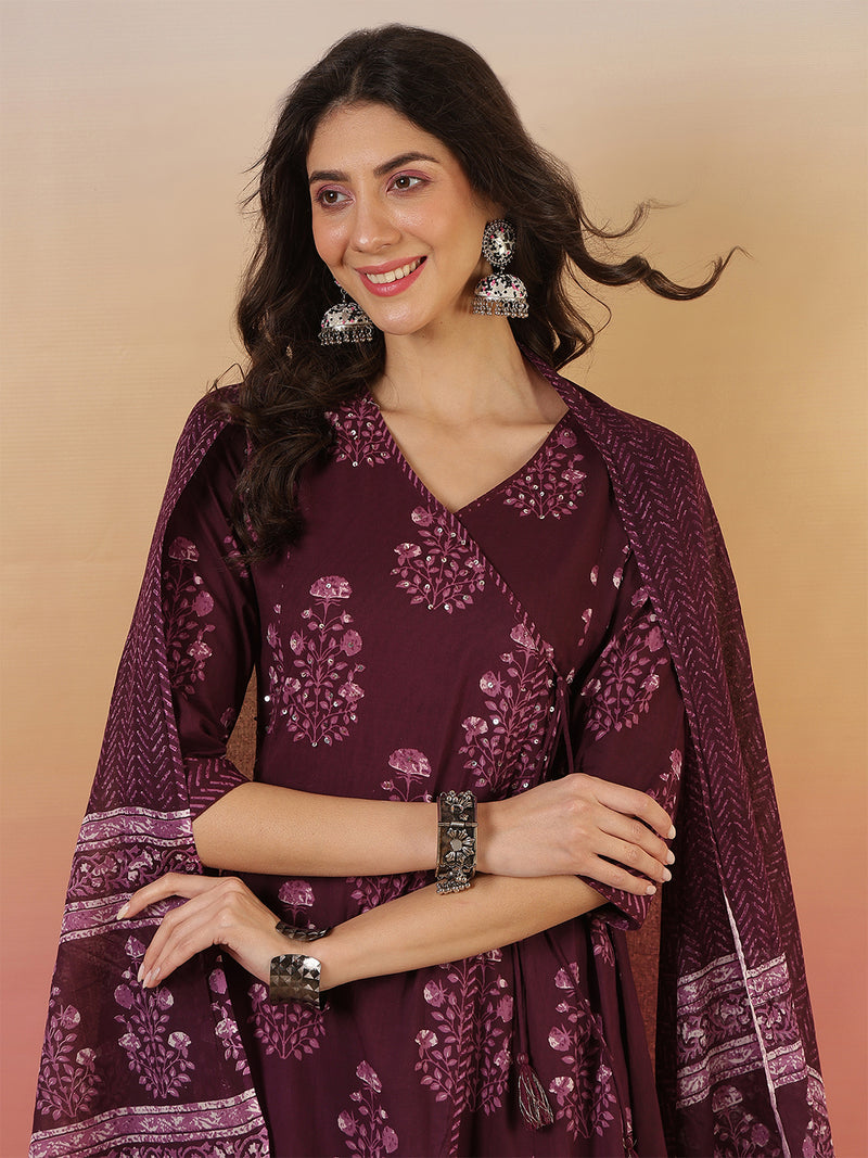 Women Purple Block Printed Front Slit Kurta With Palazzo Pant & Dupatta