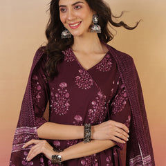 Women Purple Block Printed Front Slit Kurta With Palazzo Pant & Dupatta