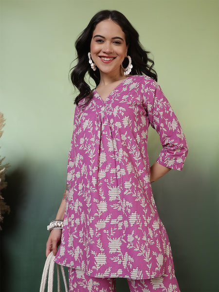 Women Blue Cotton Flex Printed Top with Trouser Co-ord Set: