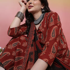 Women Black Block Printed Kurta with Trouser & Dupatta