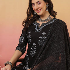 Women Black Cotton Yoke Design Kurta With Trouser & Dupatta