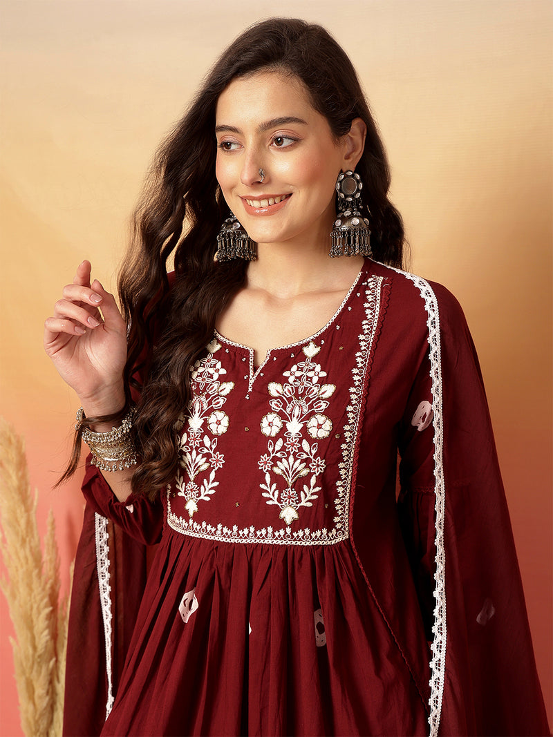 Women Cotton Maroon Embroidery Anarkali Kurta with Trouser & Dupatta