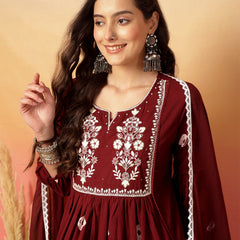 Women Cotton Maroon Embroidery Anarkali Kurta with Trouser & Dupatta