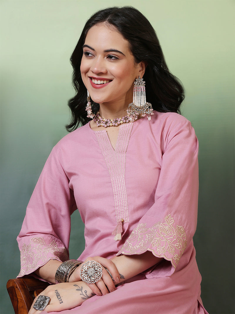 Women Cotton Flex Pink Kurta with Embroidery Sleeves and Trouser Set