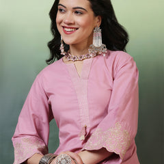 Women Cotton Flex Pink Kurta with Embroidery Sleeves and Trouser Set