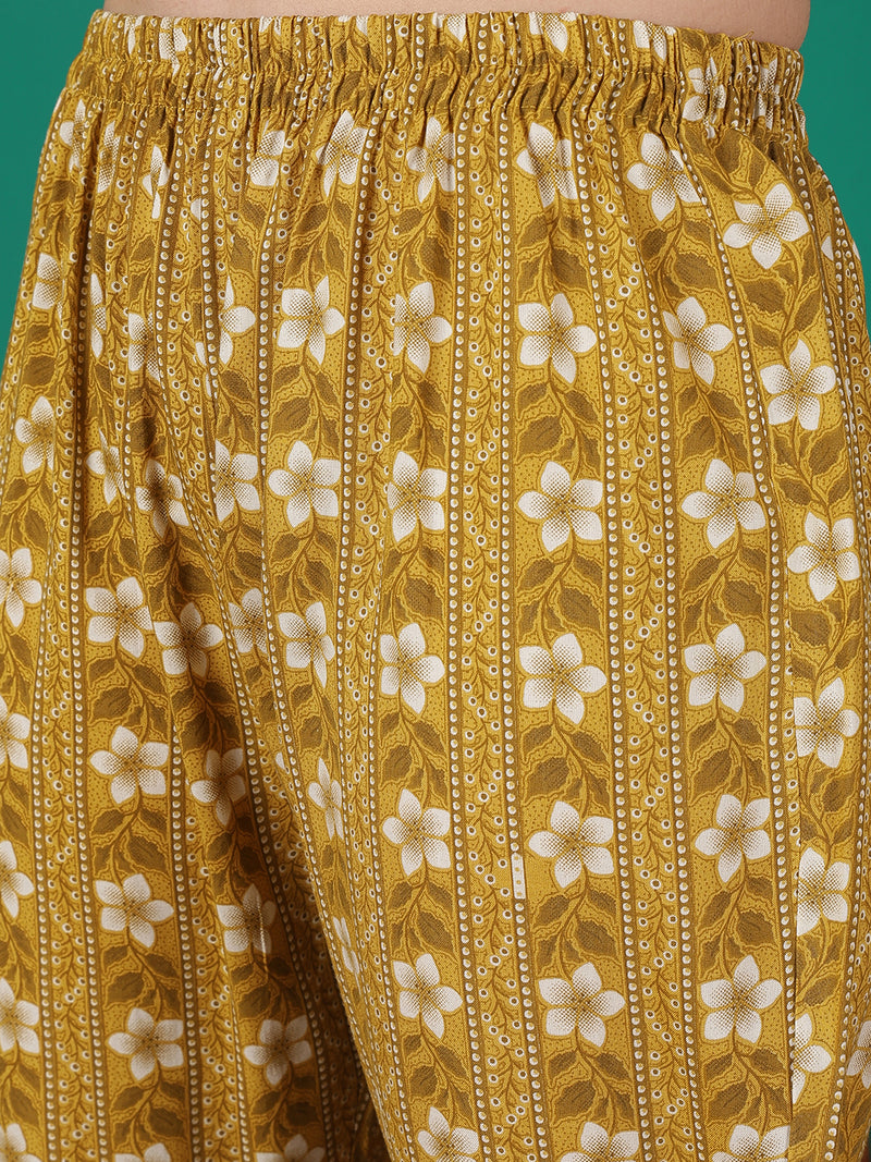 ANAISA Women Viscose Rayon Round Neck, Calf Length, Printed Kurta with Trouser & Dupatta
