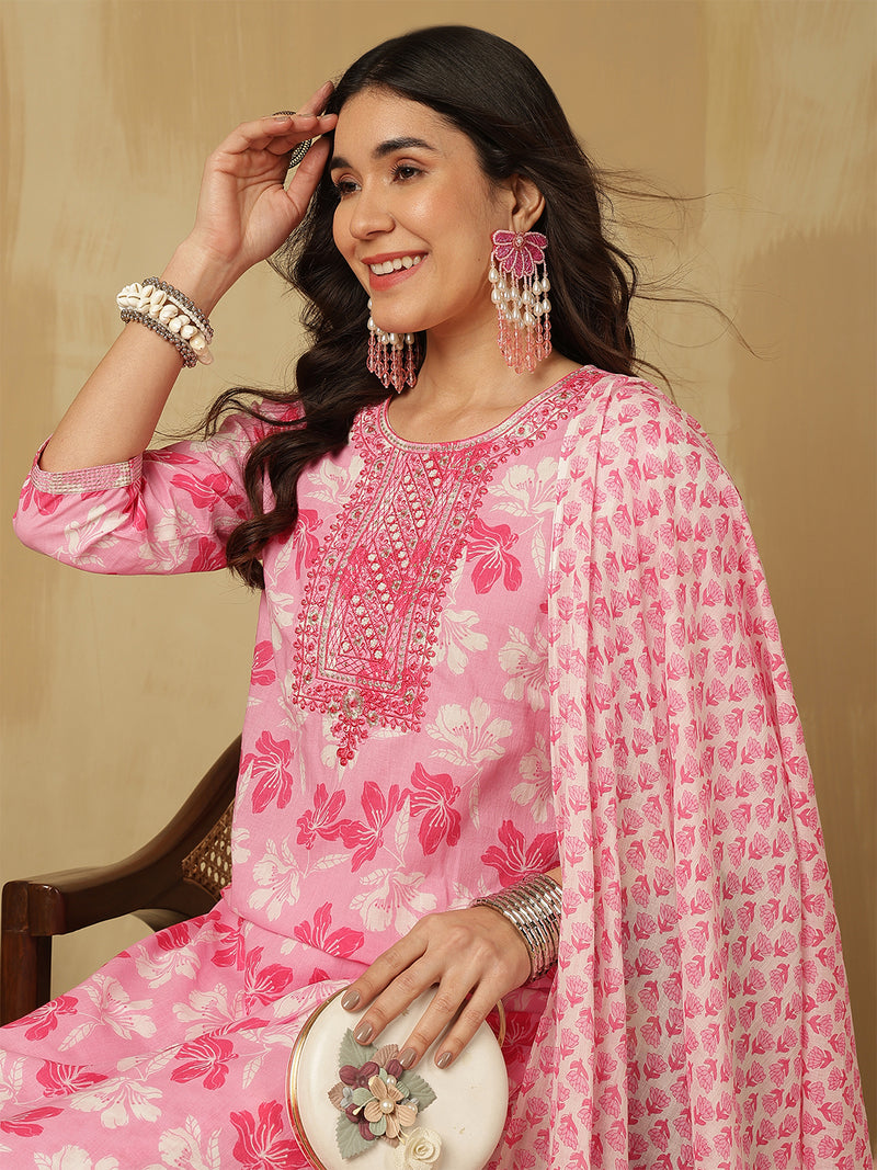 Women Pink Cotton Embroidery Kurta With Trouser & Dupatta