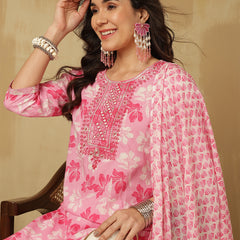 Women Pink Cotton Embroidery Kurta With Trouser & Dupatta