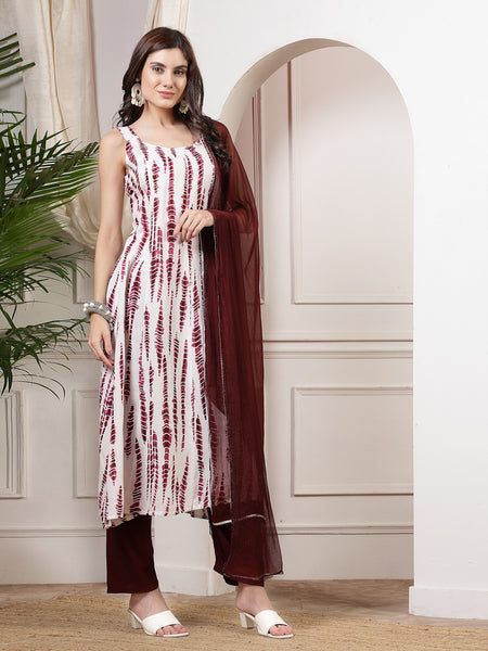 Women Wine Tie_Die Printed A_Line Kurta With Solid Bottom And Dupatta