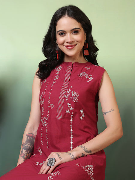Women Cherry Pure Cotton Embroidery Kurta with attached sleeves and Palazzo Set