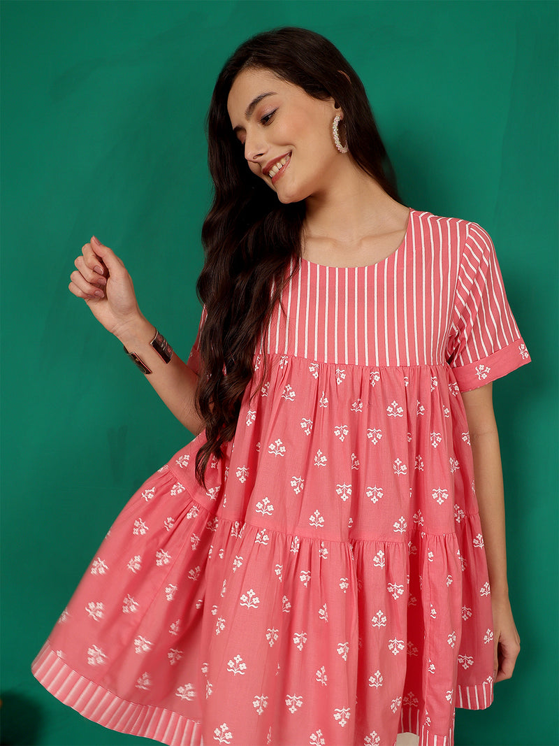 ANAISA Women Cotton Pink Printed, Round Neck, Short Sleeves, Regular Length Fit & Flare Top