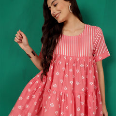 ANAISA Women Cotton Pink Printed, Round Neck, Short Sleeves, Regular Length Fit & Flare Top