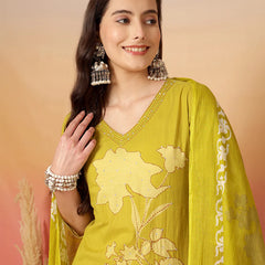 Women Cotton Printed Patch Work Kurta with Trouser & Dupatta