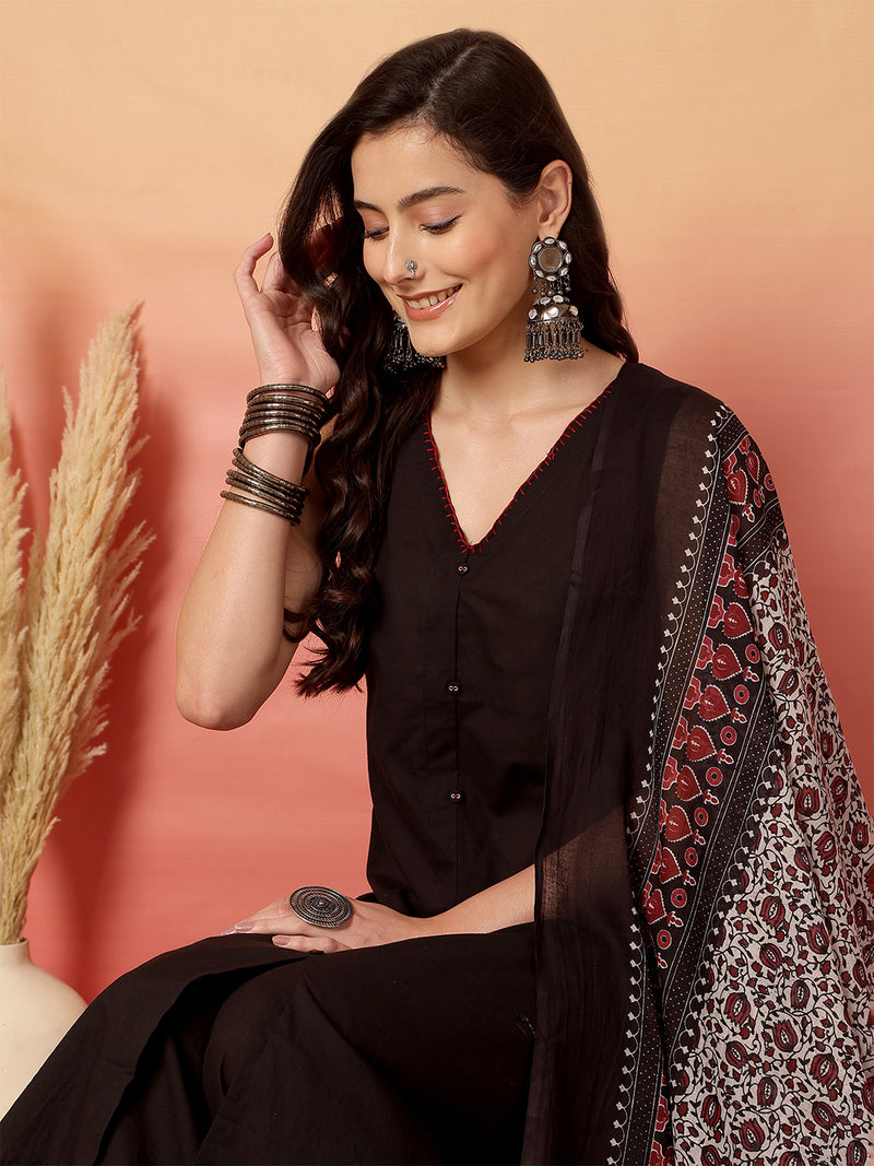 ANAISA Women Black Solid V-neck, Sleeveless, Calf Length Straight Fit Kurta with Palazzo & Dupatta