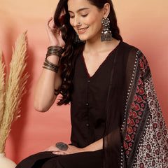 ANAISA Women Black Solid V-neck, Sleeveless, Calf Length Straight Fit Kurta with Palazzo & Dupatta