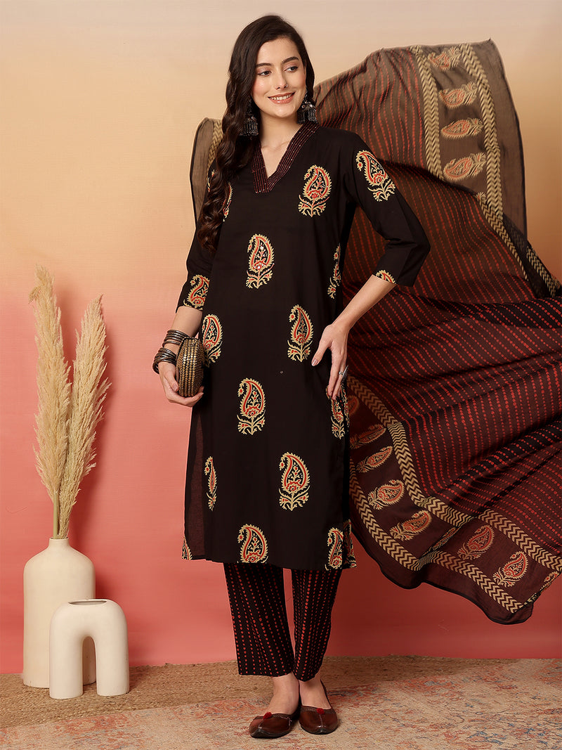 Women Brown Cotton Printed V-neck Straight Kurta with Trouser & Dupatta