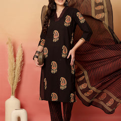 Women Brown Cotton Printed V-neck Straight Kurta with Trouser & Dupatta