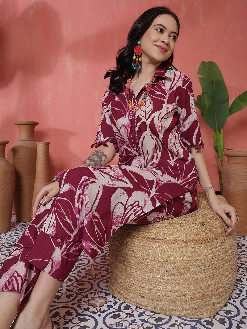 Women Purple Cotton Printed Kurta with Trouser Set