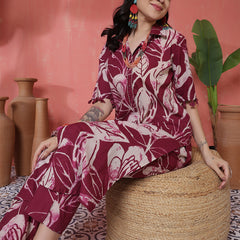 Women Purple Cotton Printed Kurta with Trouser Set