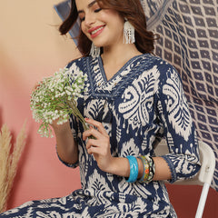 Sangira Women Cotton Printed V-neck, Straight Kurta with Trouser & Dupatta