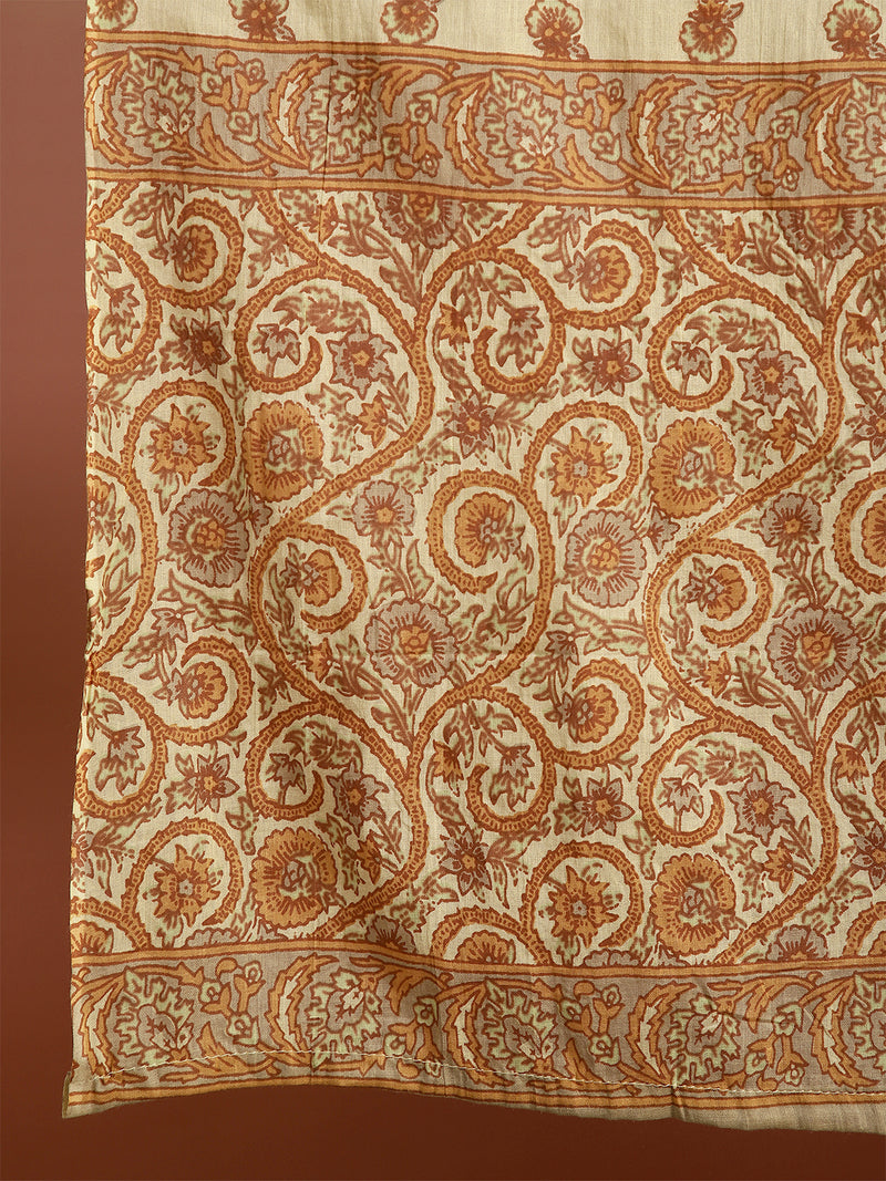 Women Beige Printed Anarkali Kurta With Pant & Dupatta