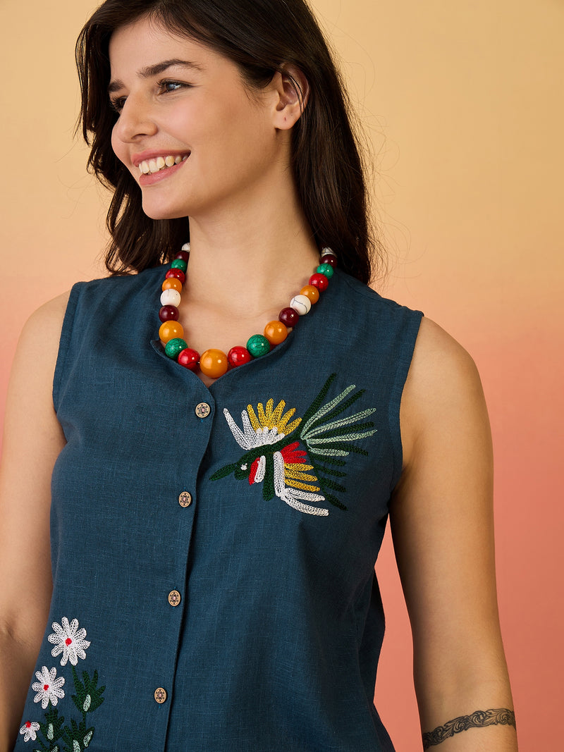 Women Cotton Navy Blue Embroidery Top With Trouser Co-ord Set