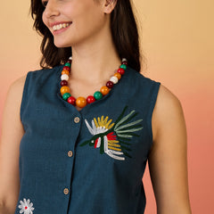 Women Cotton Navy Blue Embroidery Top With Trouser Co-ord Set