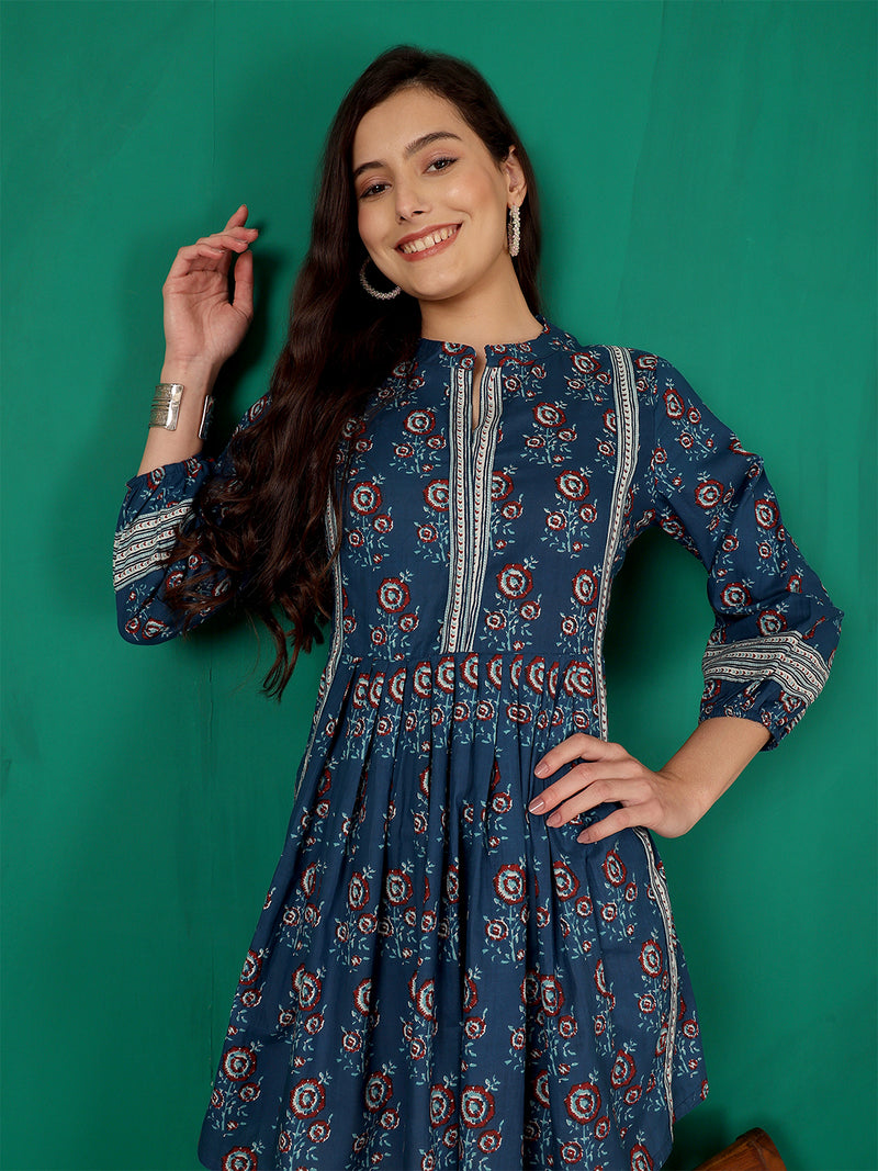 ANAISA Women Cotton Blue Printed Fit & Flare Summer Top