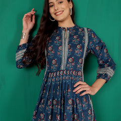 ANAISA Women Cotton Blue Printed Fit & Flare Summer Top