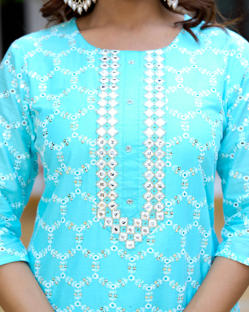ANAISA Women cotton Schiffli embroidered Kurta with Trouser & Dupatta