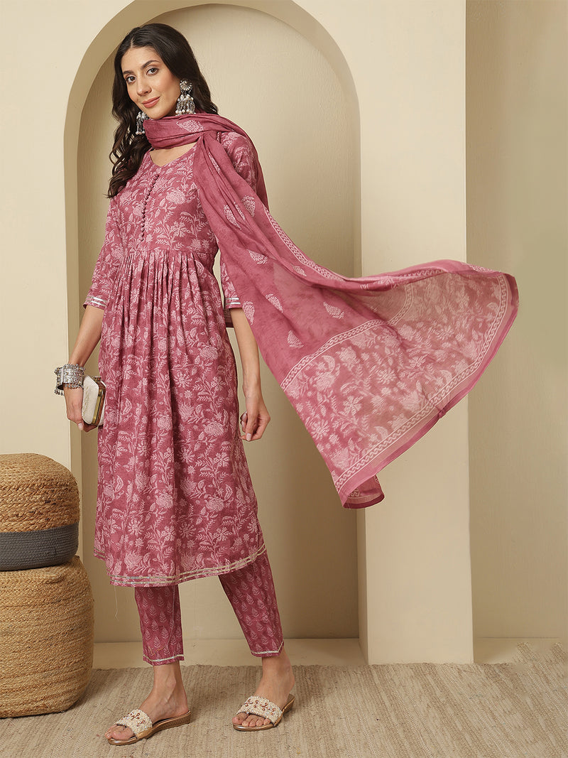 Women Cotton Printed Nayra Cut, Round Neck Kurta with Trouser & Dupatta