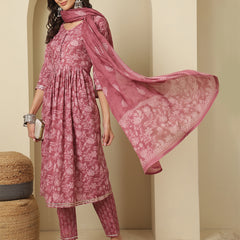 Women Cotton Printed Nayra Cut, Round Neck Kurta with Trouser & Dupatta