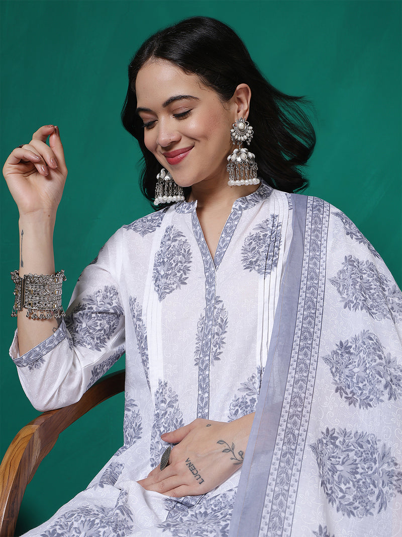 Women Pure Cotton White & Grey Printed Kurta with Trouser & Dupatta