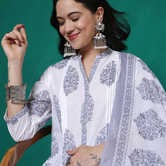 Women Pure Cotton White & Grey Printed Kurta with Trouser & Dupatta