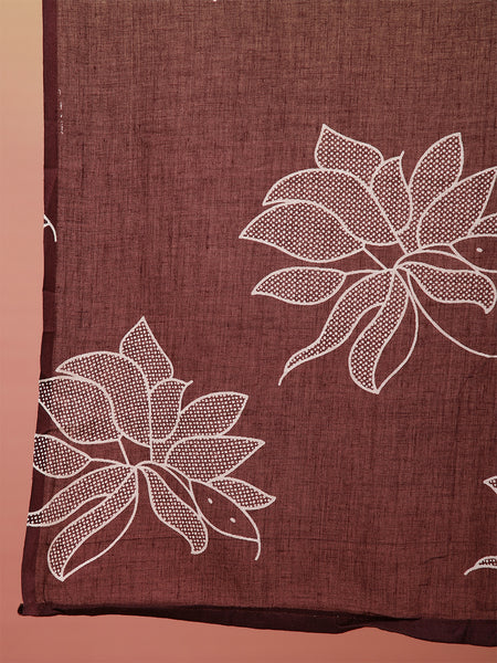 Women Wine Cotton Discharge Printed A-line Kurta With Trouser & Dupatta