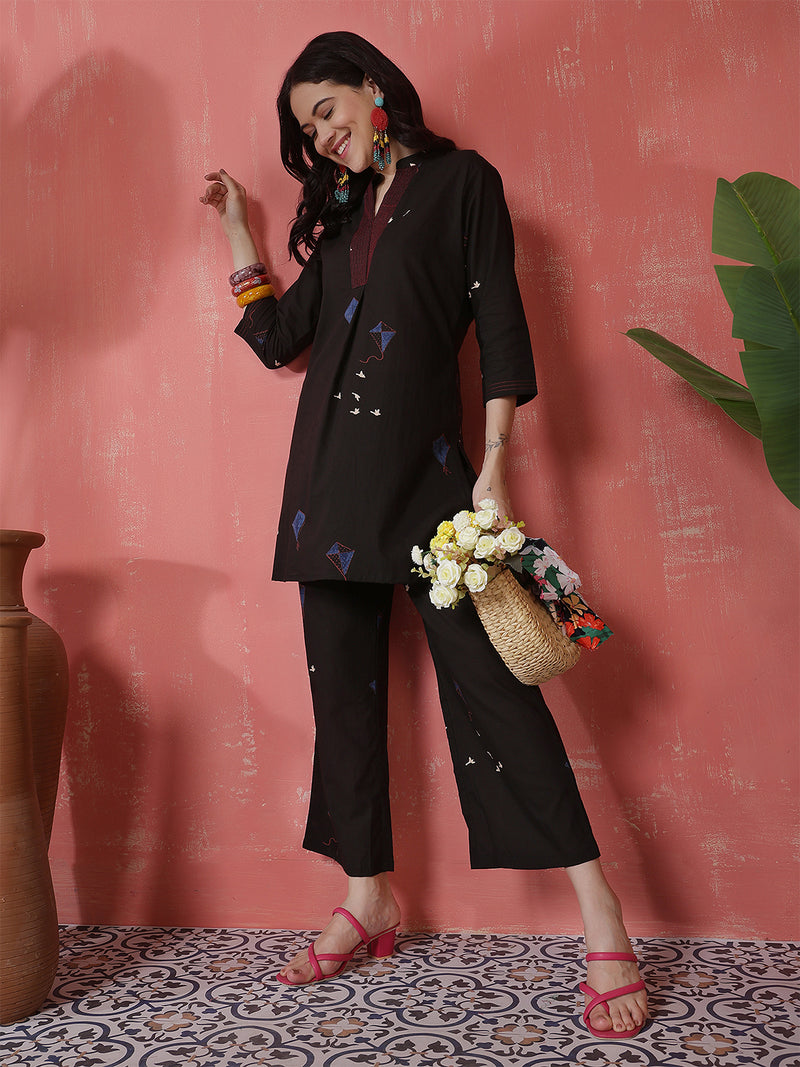 Women Black Pure Cotton Printed Top with Palazzo Co-ord Set
