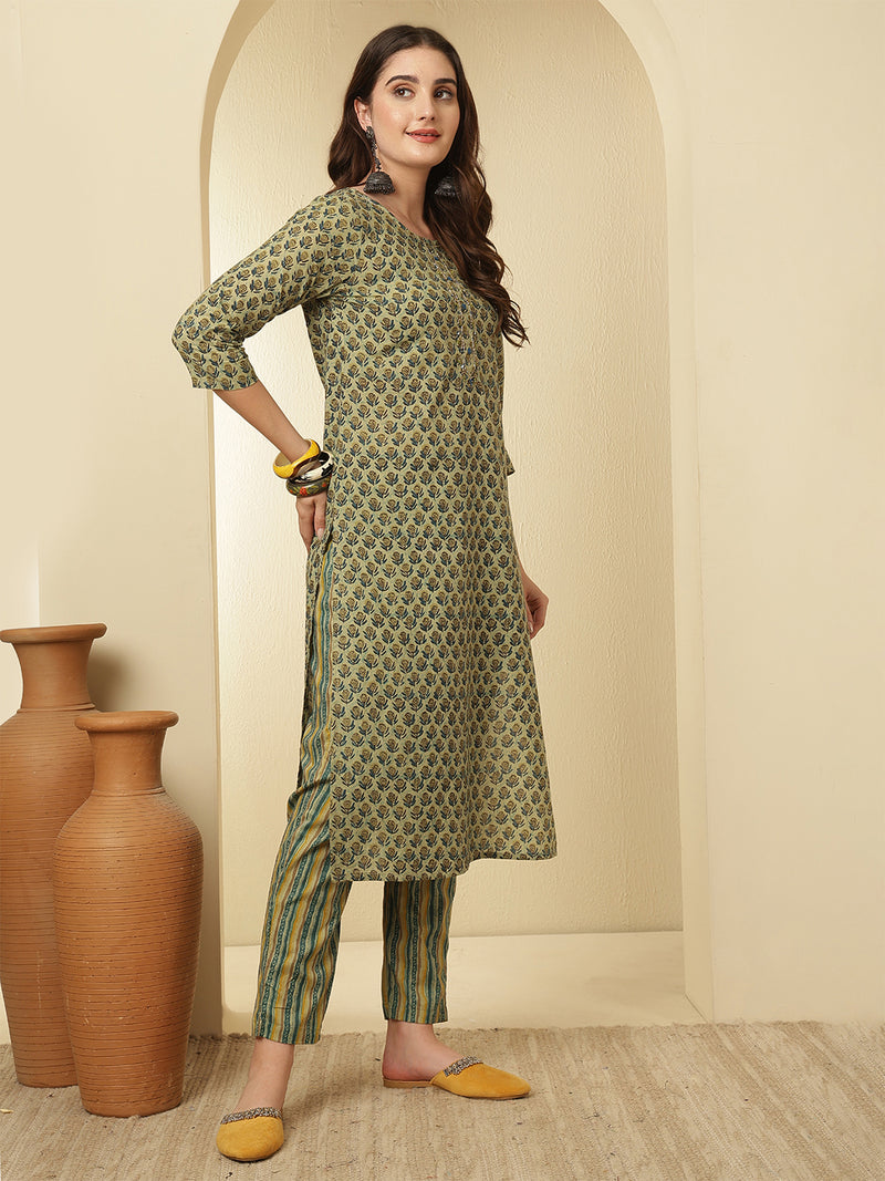 Women Cotton Printed Straight Kurta with Trouser & Dupatta