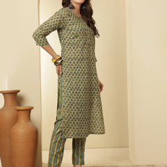 Women Cotton Printed Straight Kurta with Trouser & Dupatta